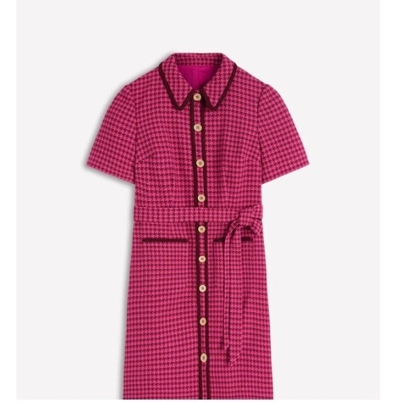 Boden Dresses & Skirts - Boden Pink Houndstooth Tweed Mini Dress Short Sleeve Button Front Belted | 12L